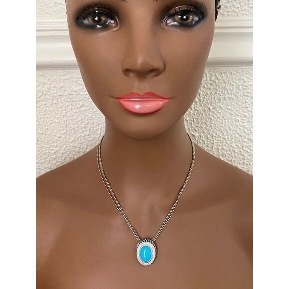925 Turquoise/Cz/Sapphire Oval Pendant Necklace - Picture 9 of 11